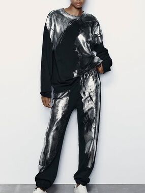 Zara Black Sweatshirt(L) and Pants(M) with Silver Metallic Accents